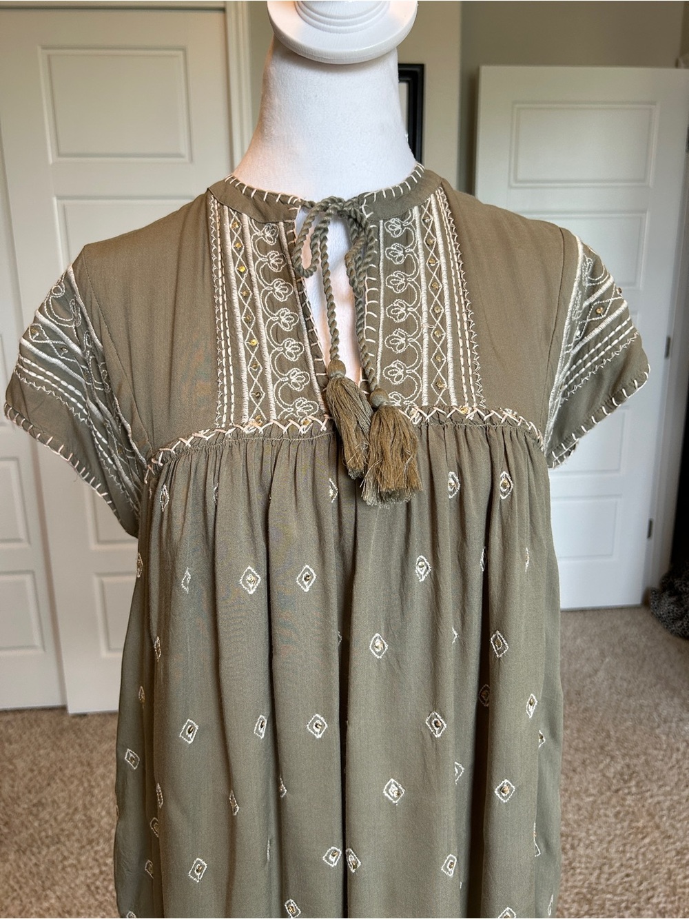 SUNDANCE Sage Green Midi Dress Embroidered with Sequins and Tassels Size XS